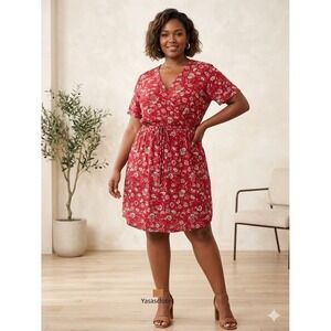 Women's Caslon Red White Floral Short Sleeve‎ Tie Waist Wrap Dress Knee Length S